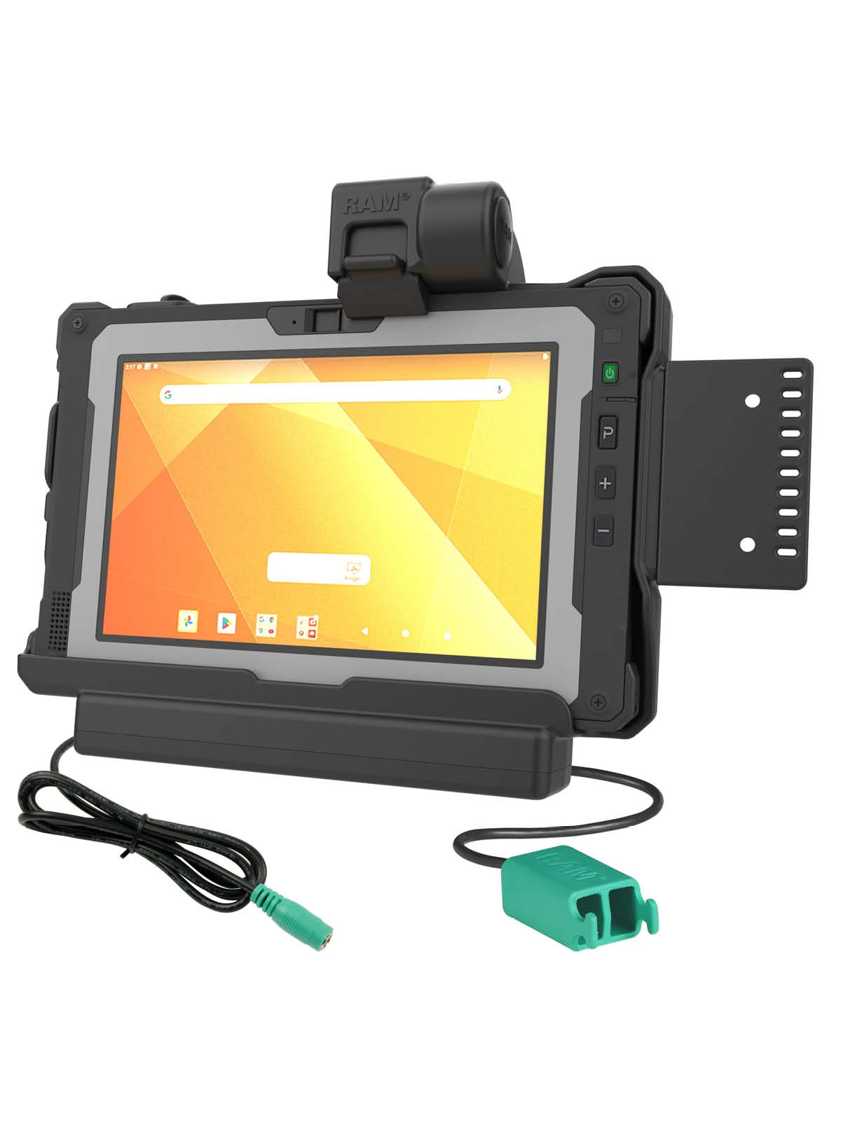 RAM Mounts Form-Fit Halteschale (mit Schnappverschluss) für Getac ZX80 Rugged Tablet - 5.5mm DC Stromanbindung & Dual USB-A Datenanbindung - AMPS 4-Loch Aufnahme - VESA 75x75 - Schrauben-Set