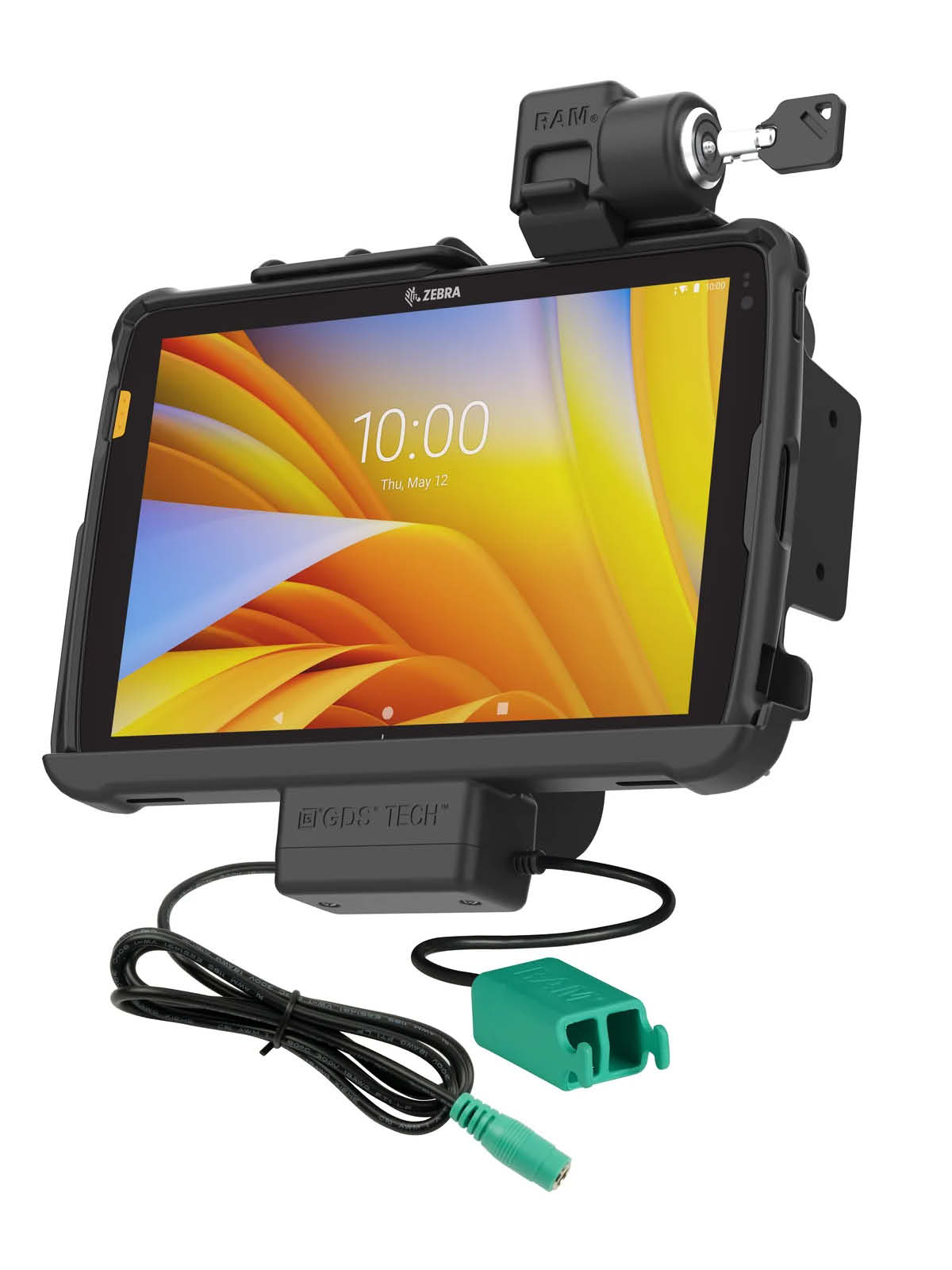 RAM Mounts Form-Fit Halteschale (mit Schlüsselverriegelung) für Zebra ET40 & ET45 10 Zoll Tablets (mit Rugged Boot) - 5.5mm DC Stromversorgung & Dual USB-A Datenanbindung - AMPS 4-Loch Aufnahme - VESA 75x75 - Schrauben-Set