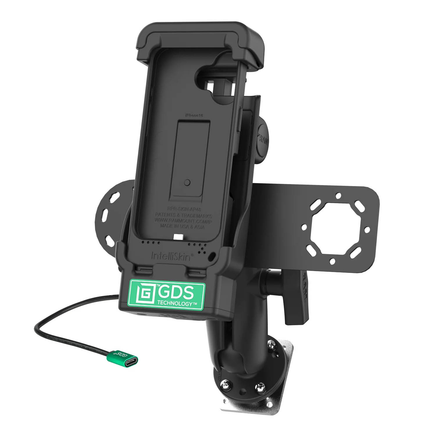 RAM Mounts GDS Fahrzeug-Ladestation für Apple iPhone 16 mit Aina PTT Vorrichtung - C-Kugel (1,5 Zoll), 4-Loch AMPS