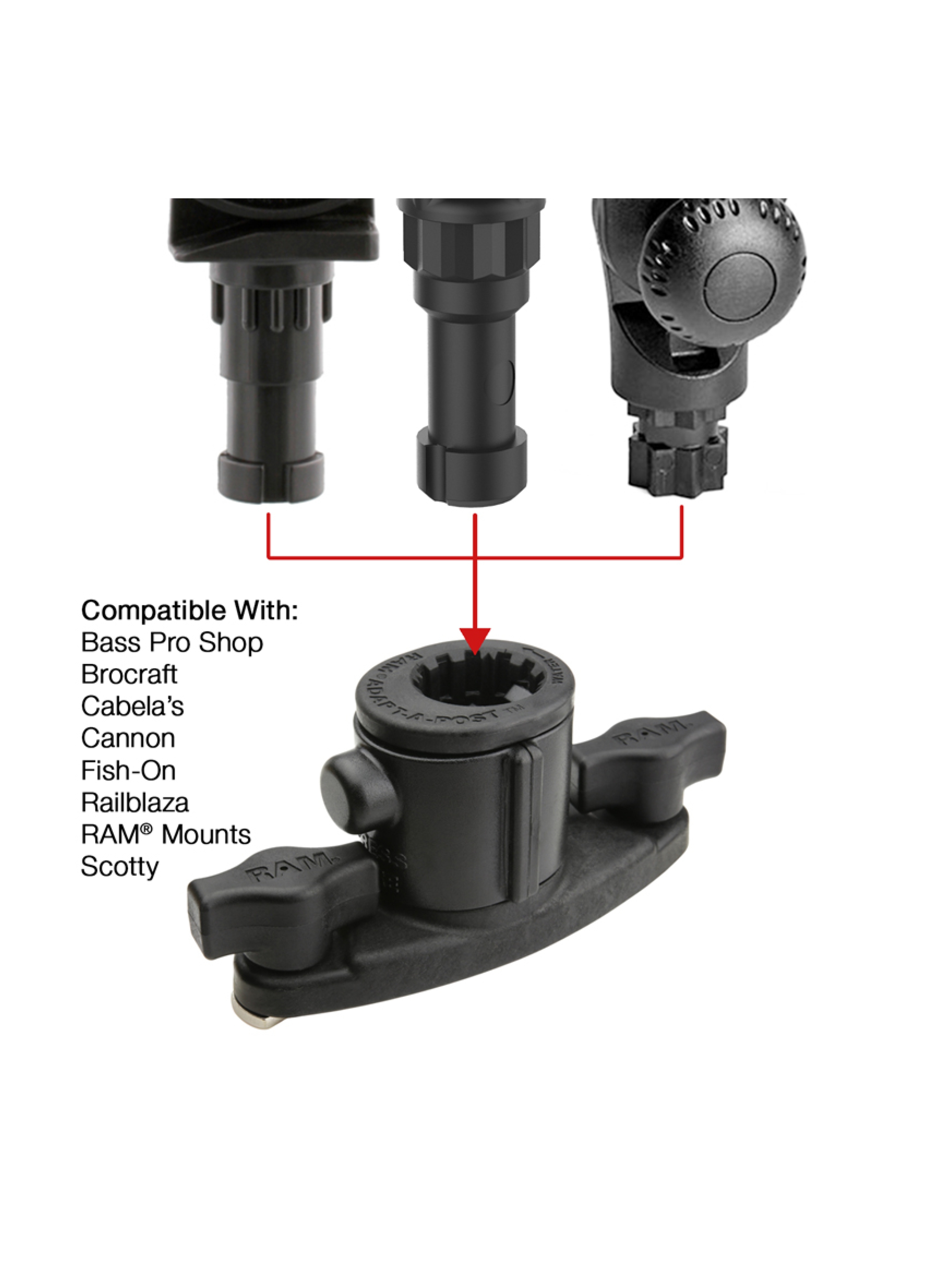 RAM Mounts Tube Jr. Angelruten-Halterung mit Adapt-A-Post Dual T-Slot für Track-Systeme - Verbundstoff, Spline-Post ca. 150 mm, Ratchet-System