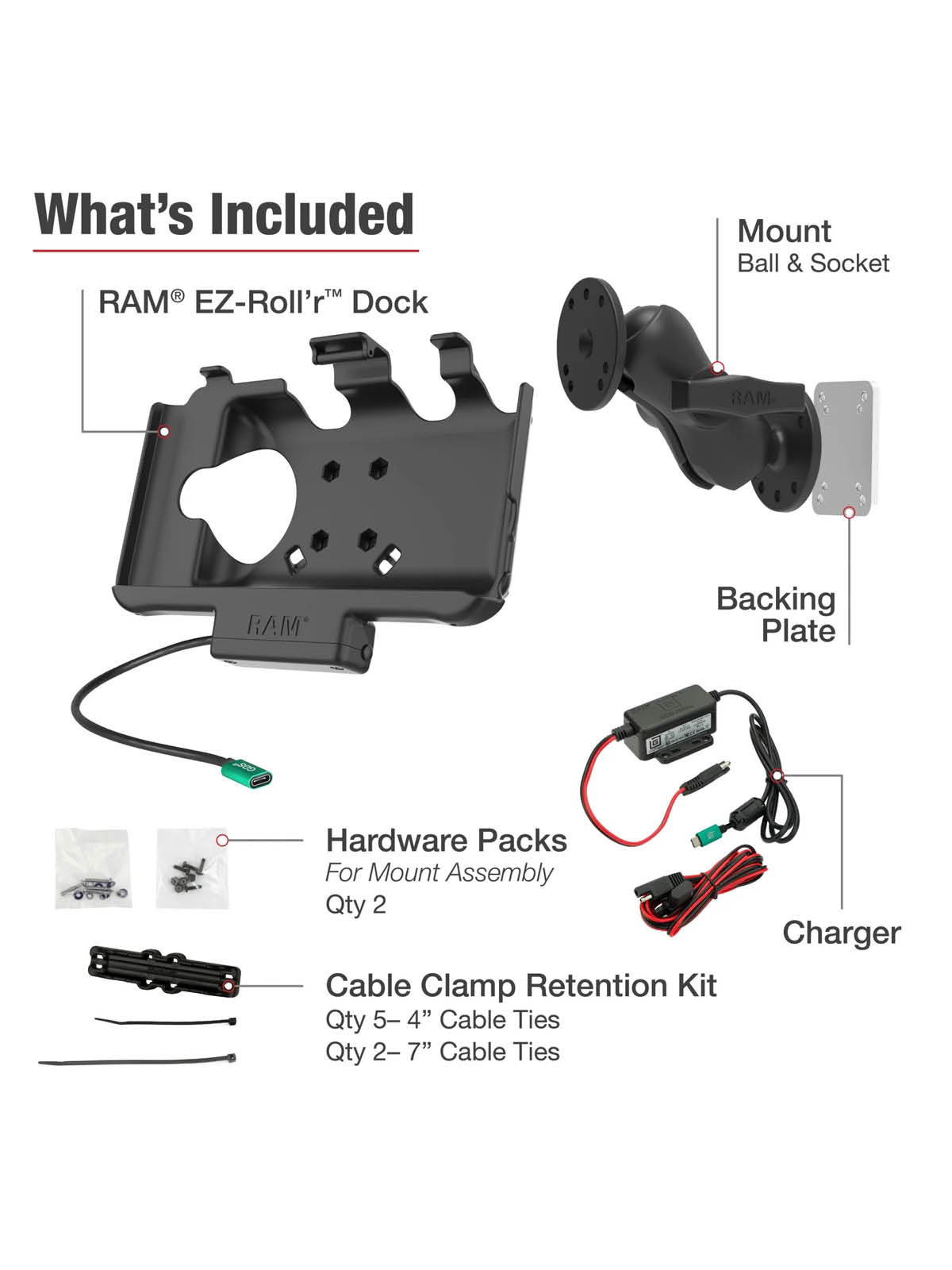 RAM Mounts EZ-Roll'r Fahrzeug-Ladestation für Samsung Tab Active5 & 3 - C-Kugel (1,5 Zoll) mit Gegenplatte, USB-C Eingang