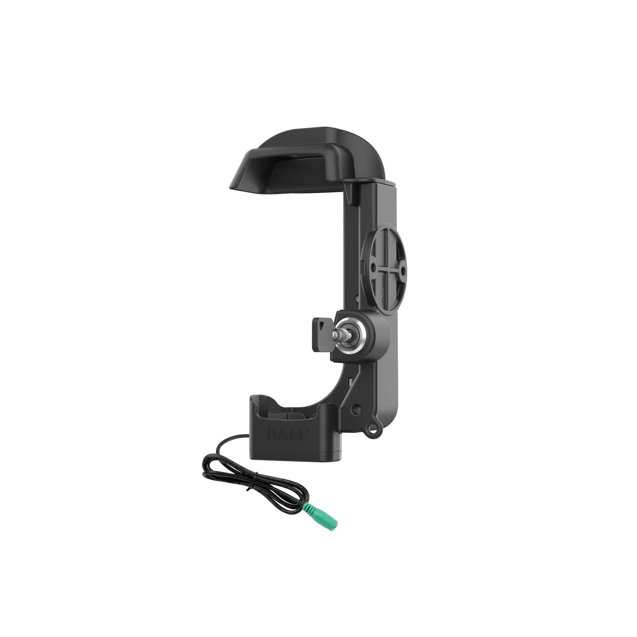 RAM Mounts Halteschale für Zebra MC3300/MC3400/MC3450 - abschließbar (Schlüssel), Stromzufuhr über 5,5 mm Klinkenbuchse, 2-Loch AMPS