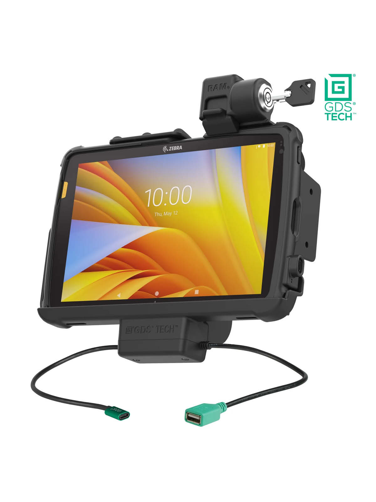 RAM Mounts GDS Form-Fit Halteschale (mit Schlüsselverriegelung) für Zebra ET40 & ET45 10 Zoll Tablets (in IntelliSkin Schutzhülle) - USB-C Stromversorgung & USB-A - AMPS 4-Loch Aufnahme - VESA 75x75 - Schrauben-Set