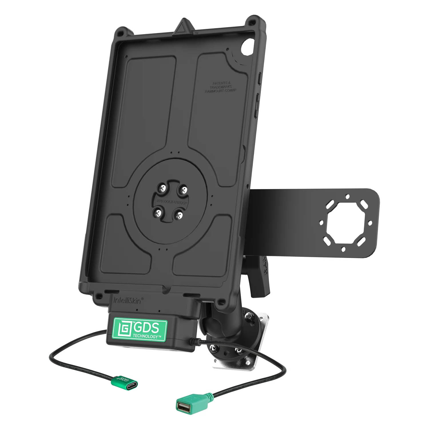 RAM Mounts GDS Uni-Conn Fahrzeug-Ladestation für Samsung Tab A9+ mit Aina PTT Vorrichtung - C-Kugel (1,5 Zoll), 4-Loch AMPS