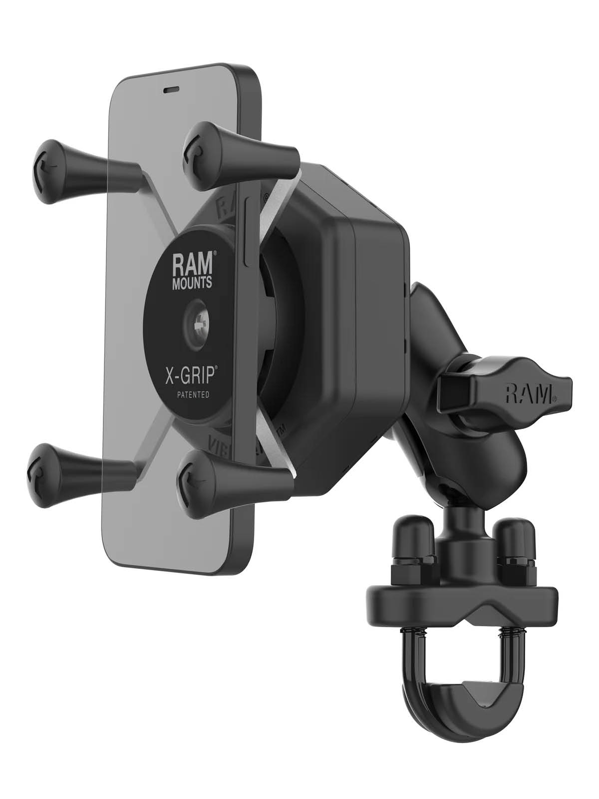 RAM Mounts X-Grip Lenker-/Rohr-Halterung für Smartphones bis 82,6 mm Breite mit Vibe-Safe Adapter - B-Kugel (1 Zoll), Rohr-Klemme, kurzer Verbindungsarm