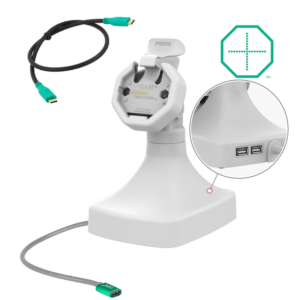 RAM Mounts GDS Uni-Conn Stand-Dockingstation - Dreh- & Schwenkbar - USB-C- & Dual USB-A-Anschluss - Rückseitige Pogo-Pads - Hellgrau