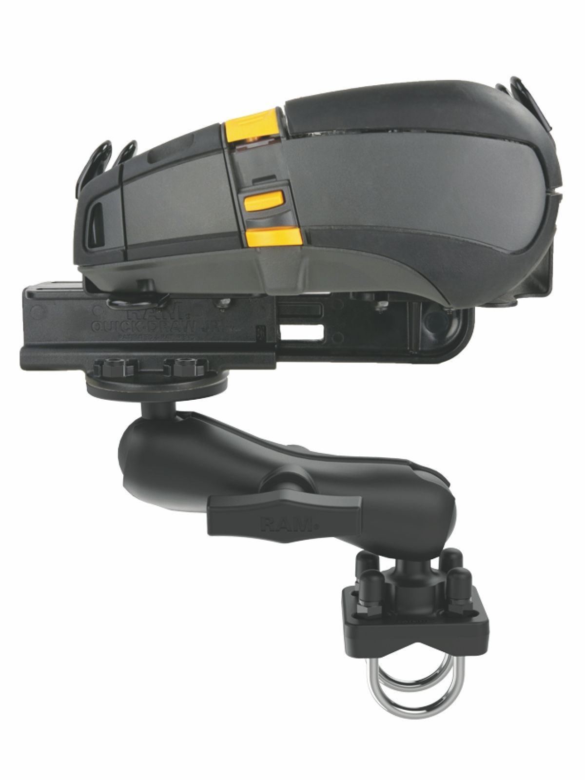 RAM Mounts Drucker-Rohrhalterung für mobile Drucker - C-Kugel (1,5 Zoll), Doppel-Klemmschelle, mittlerer Verbindungsarm, runde Basisplatte (AMPS)