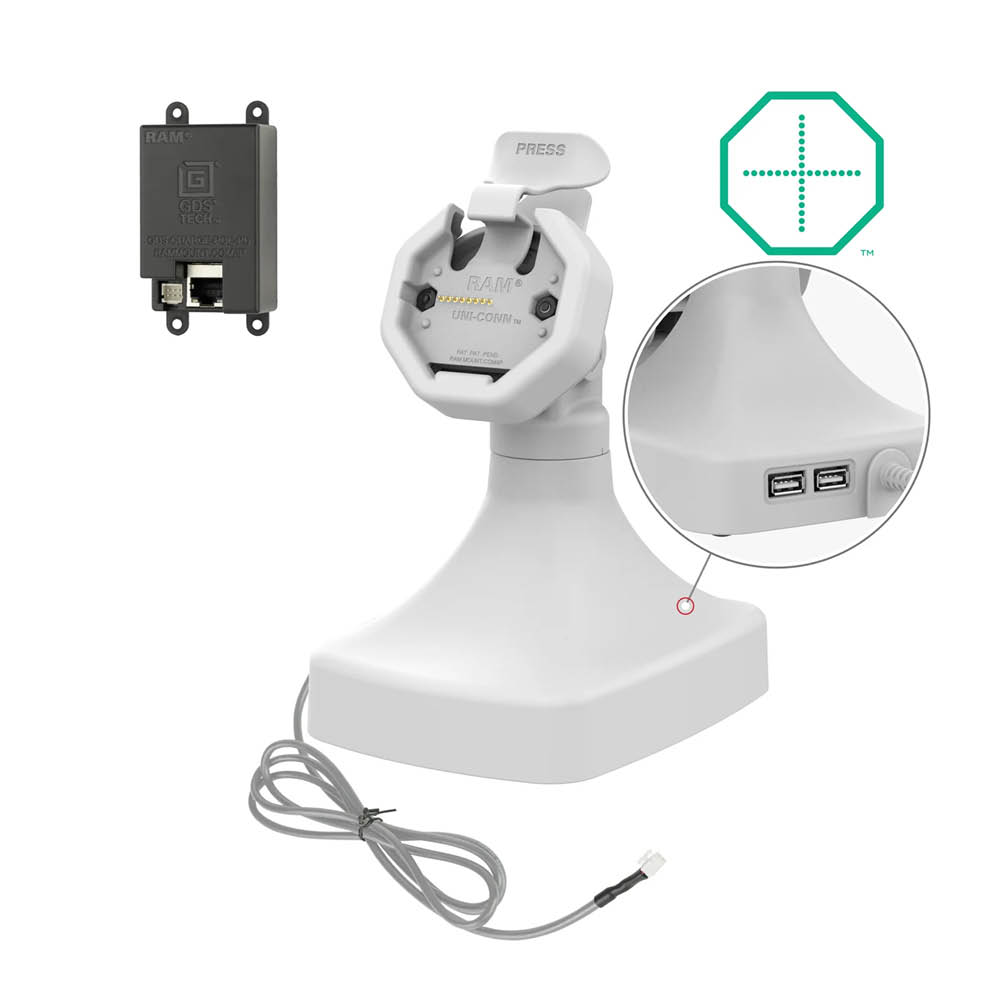 RAM Mounts GDS Uni-Conn Stand-Dockingstation - Dreh- & Schwenkbar - RJ45-Anschluss & Dual USB-A - PoE (Power over Ethernet) - Rückseitige Pogo-Pads - Hellgrau