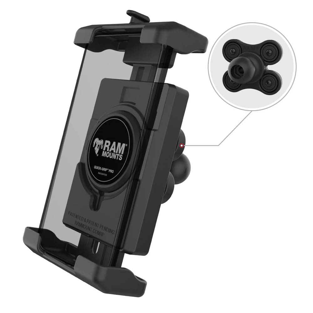 RAM Mounts Quick-Grip™ Pro XL Universal Halteschale für Smartphones mit Vibrationsdämpfung inkl. Trapez-Basisplatte - B-Kugel (1 Zoll), MagSafe kompatibel