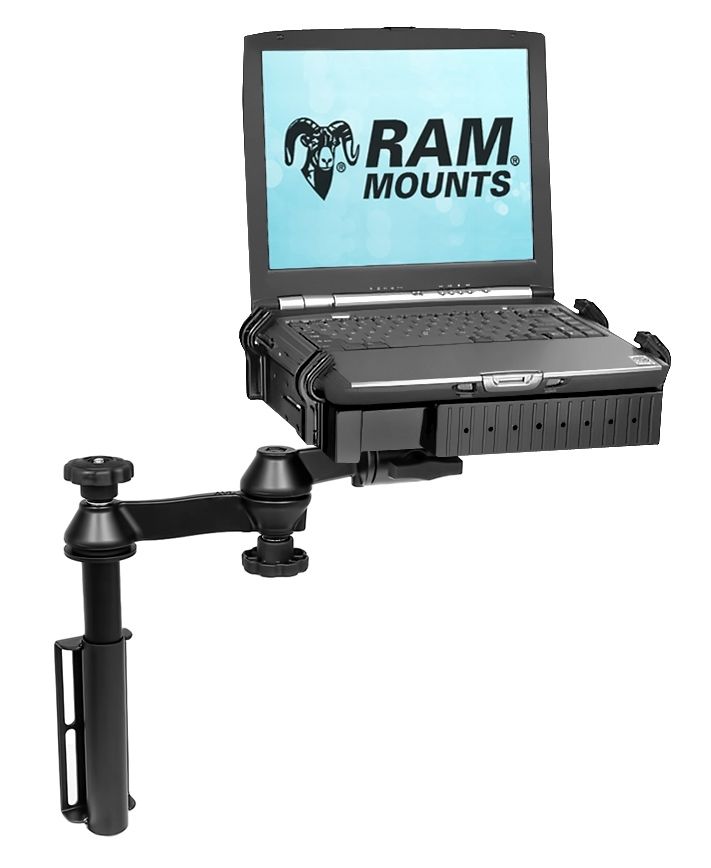 RAM Mounts Schwenkarm-Halterung für Laptops - Vertikal-Basis, Octagon-Verbindungsarm, runde Basisplatte (AMPS), C-Kugel (1,5 Zoll), Tough-Tray-Halteschale