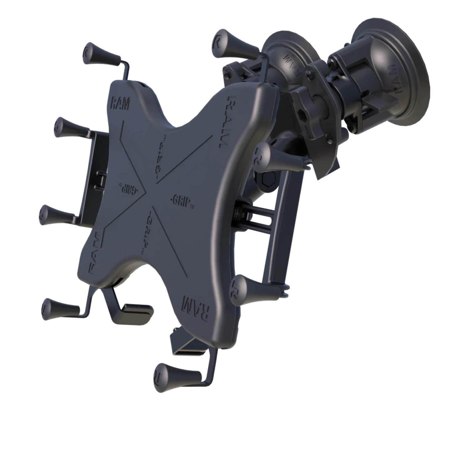 RAM Mounts X-Grip Doppel-Saugfuß-Halterung (Gewölbte Oberflächen) für 12-13 Zoll Tablets - Runde Basiskugel - Mittlerer Verbindungsarm - Saugfuß mit Trapez Basiskugel - B-Kugel (1 Zoll) - Schrauben-Set