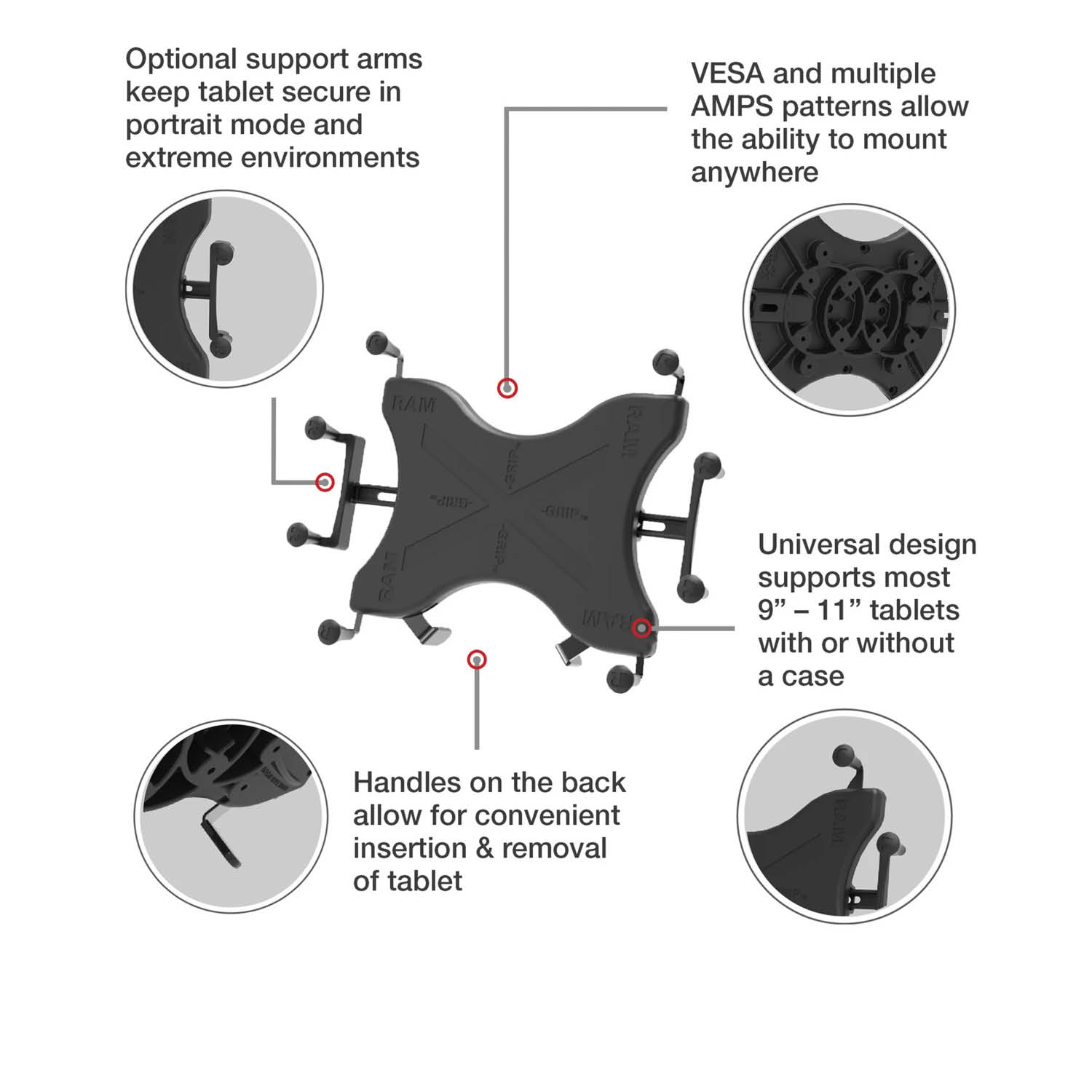 RAM Mounts X-Grip Aufbauhalterung für 12-13 Zoll Tablets - Runde Basisplatte - Langer Verbindungsarm - Runde Basisplatte (AMPS) - B-Kugel (1 Zoll) - Schrauben-Set