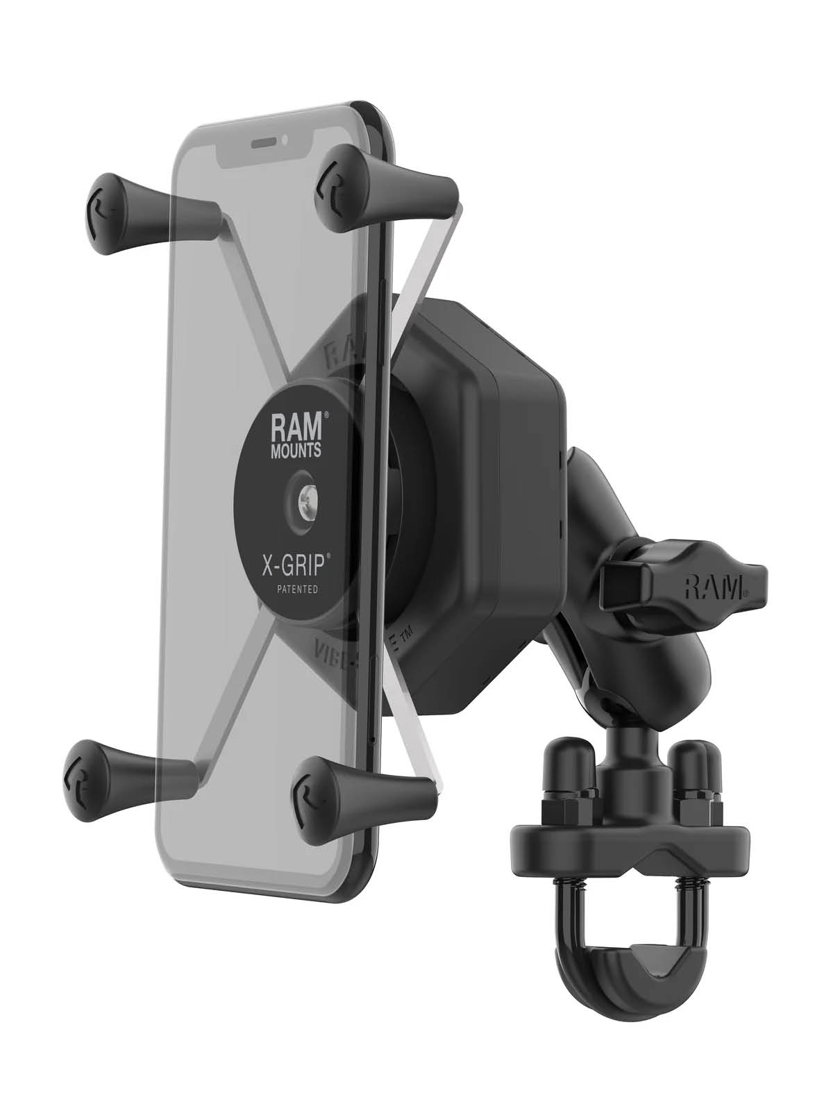 RAM Mounts X-Grip Lenker-/Rohr-Halterung für Smartphones bis 114,3 mm Breite mit Vibe-Safe Adapter - B-Kugel (1 Zoll), Rohr-Klemme, kurzer Verbindungsarm