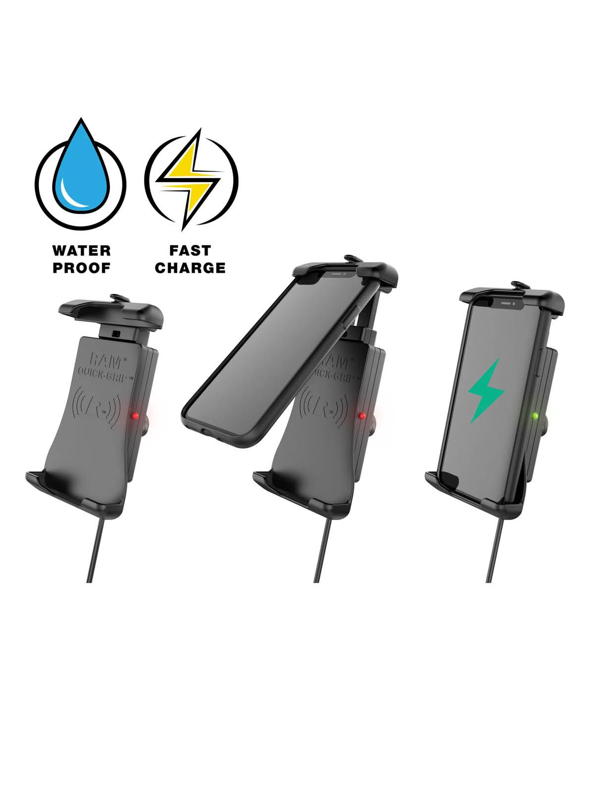 RAM Mounts Motorrad-Halterung (Rohre/Stangen) mit Quick-Grip Halteschale für Smartphones mit Ladefunktion - B-Kugel (1 Zoll), QI kompatibel, spritzwassergeschützt, Verkabelung