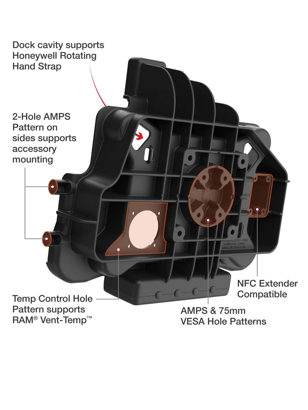 RAM Mounts Form-Fit Halteschale (Schlüsselverriegelung) für Honeywell ScanPal EDA10A Tablet in OEM-Schutzhülle - 5.5mm DC-Anschluss