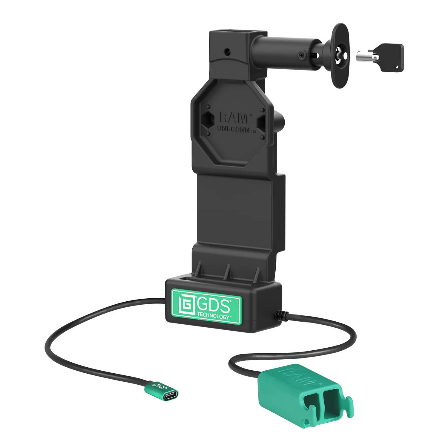 RAM Mounts GDS Uni-Conn Charging Dock (Key-Locking) with Release Button - 2-Hole AMPS - USB-C & Dual USB-A Connector - Screw Set