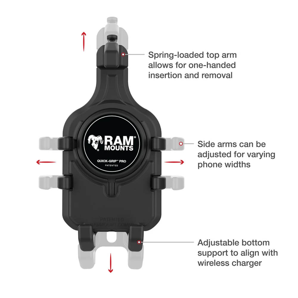 RAM Mounts Tough-Claw (klein) mit Quick-Grip Pro Universal-Halteklammer für Smartphones - mit Vibrationsdämpfung, für Durchmesser 15,9-29,0 mm, MagSafe kompatibel