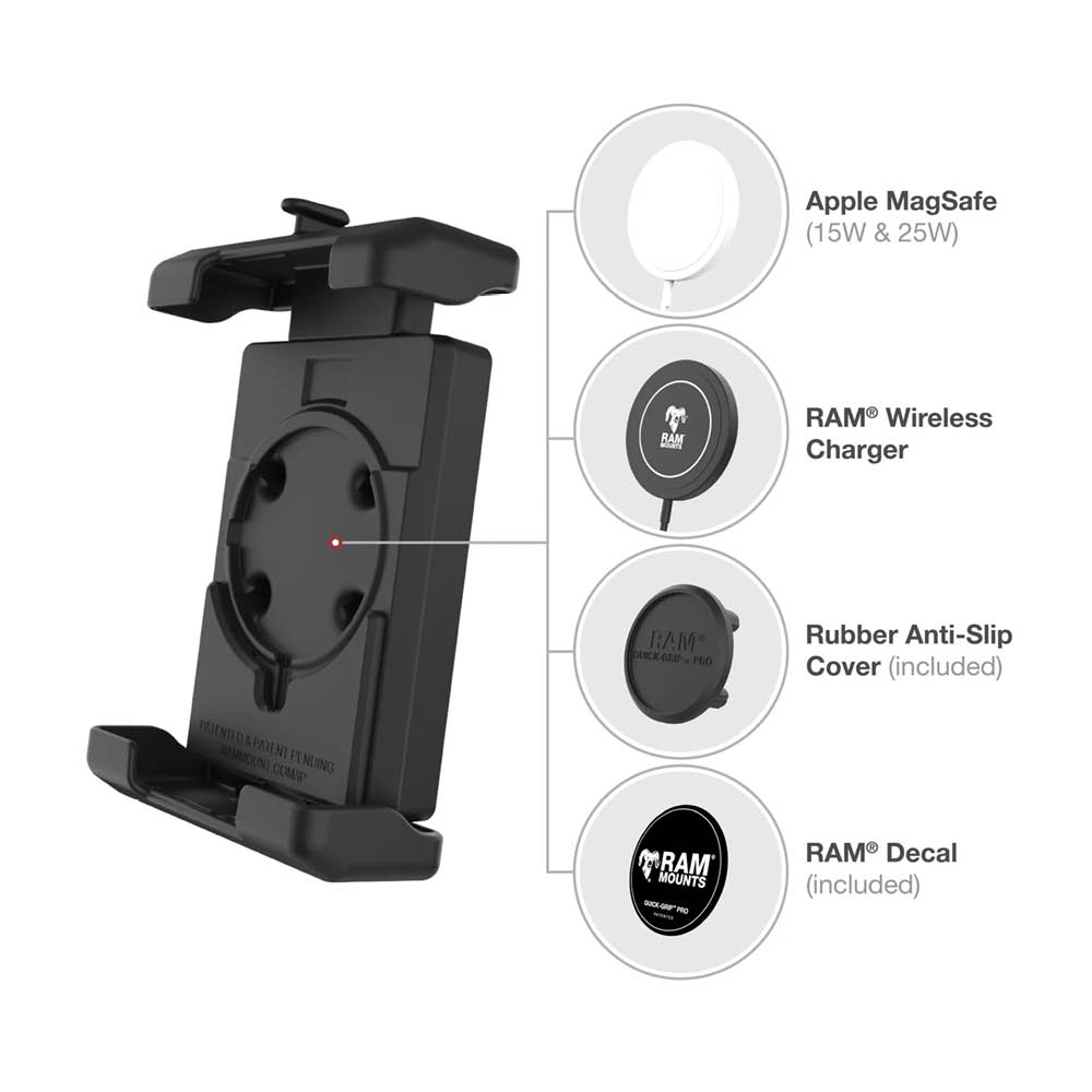 RAM Mounts Quick-Grip™ Pro XL Universal Halteschale für Smartphones inkl. Trapez-Basisplatte - B-Kugel (1 Zoll), MagSafe kompatibel