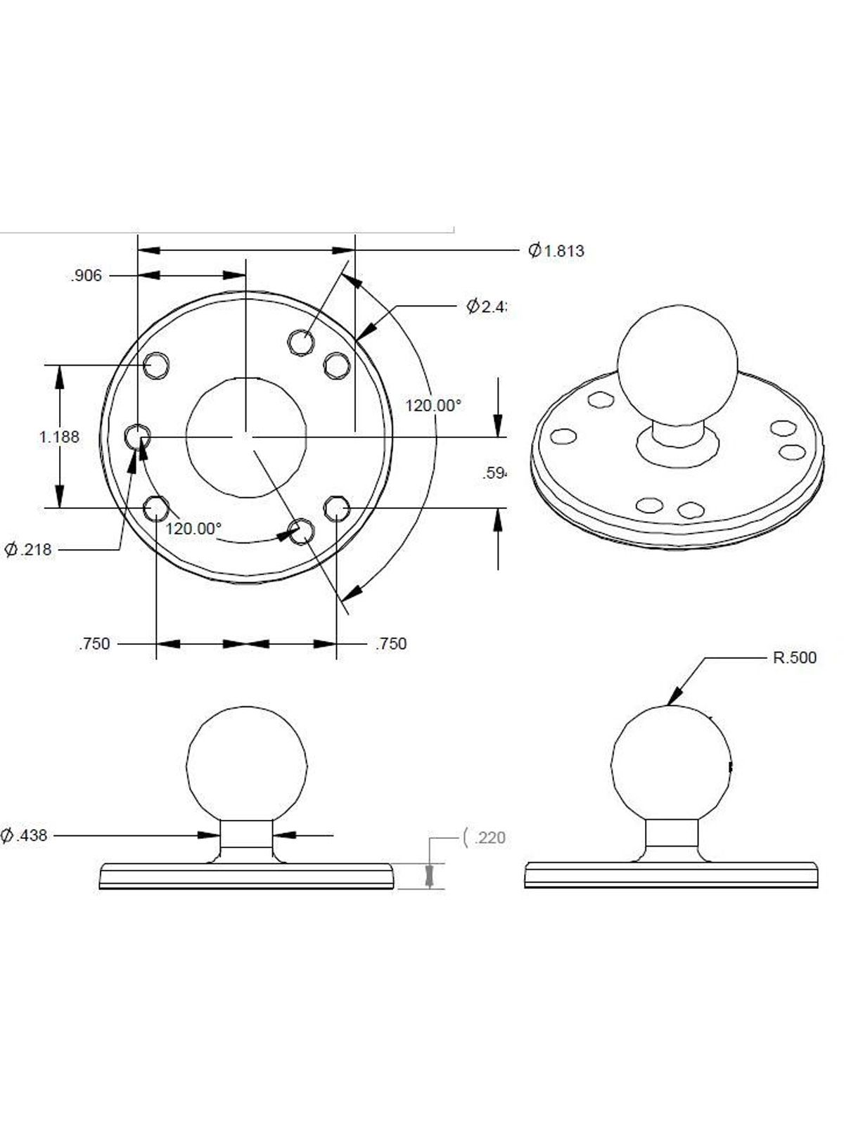 RAM Mounts Basisplatte rund - B-Kugel (1 Zoll), Platten-Durchmesser 63,5 mm, AMPS-Lochraster
