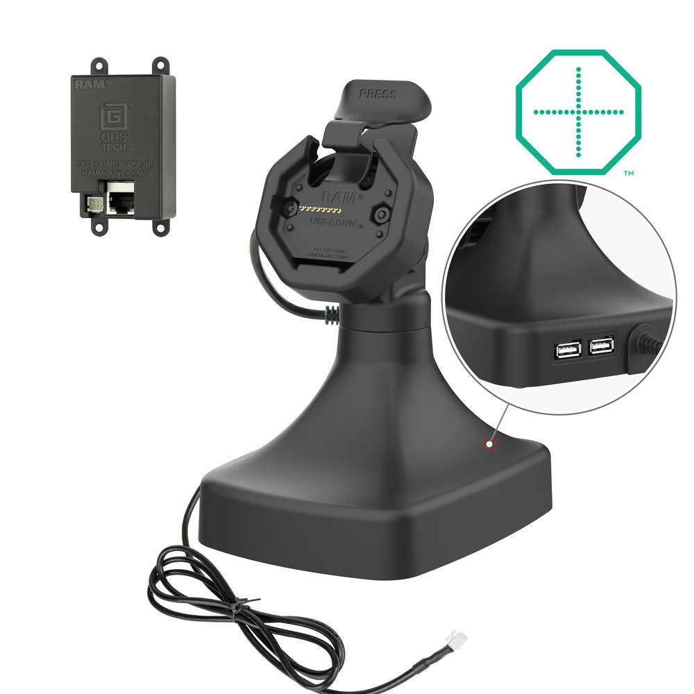 RAM Mounts GDS Uni-Conn Stand-Dockingstation - Dreh- & Schwenkbar - RJ45-Anschluss & Dual USB-A - PoE (Power over Ethernet) - Rückseitige Pogo-Pads