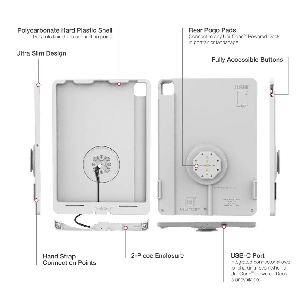 RAM Mounts IntelliSkin Thin Case Ladeschutzhülle für Apple iPad Pro 12.9 (3.-6. Gen.) - GDS-Technologie, Rückseitige Pogo-Pads, USB-C-Anschluss (Extern) - Grau, hellgrau