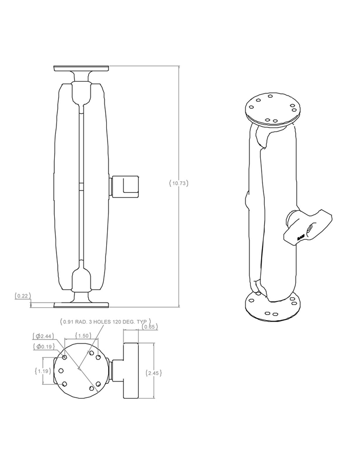 RAM Mounts Aufbau-Set - 2x runde Basisplatte (AMPS), langer Verbindungsarm, C-Kugel (1,5 Zoll), im Polybeutel