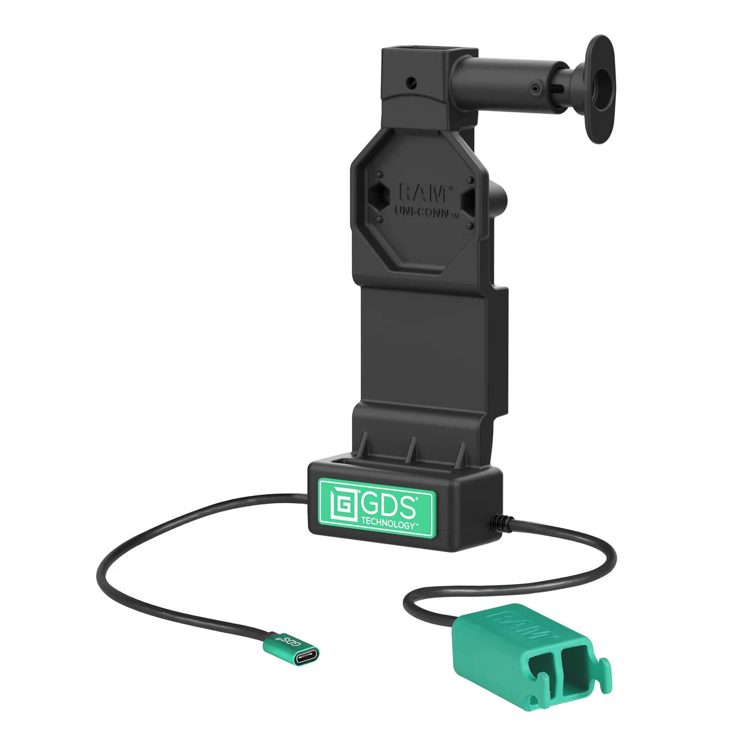RAM Mounts GDS Uni-Conn Ladedock mit Entriegelungsknopf - 2-Loch AMPS - USB-C & Dual USB-A-Anschluss - Schrauben-Set