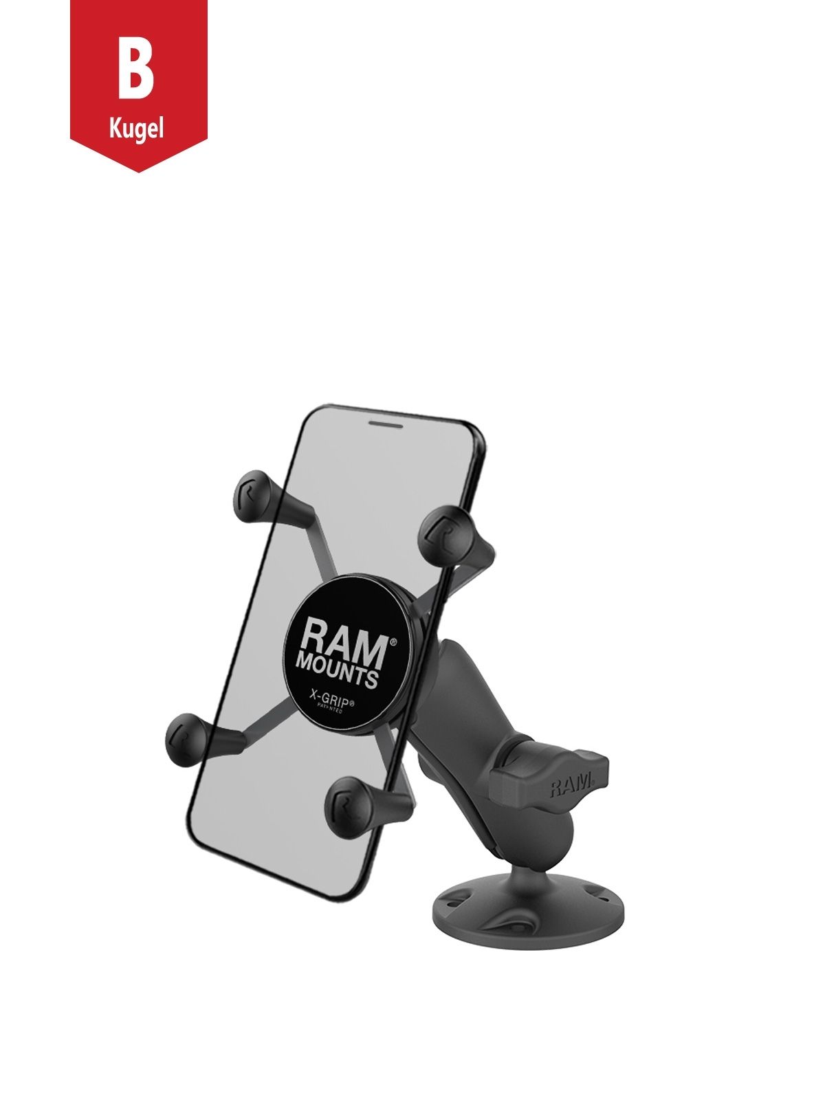 RAM Mounts Verbundstoff Aufbau-Halterung mit X-Grip Halteklammer für Smartphones bis 82,6 mm Breite - B-Kugel (1 Zoll), runde Basisplatte (AMPS), mittlerer Verbindungsarm