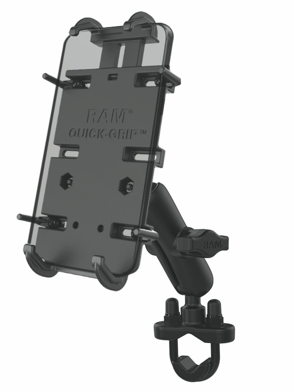 RAM Mounts Universal Lenker-/Rohr-Halterung - B-Kugel (1 Zoll), Schraub-Klemme, mittlerer Verbindungsarm, Universal Quick-Grip XL Halteschale