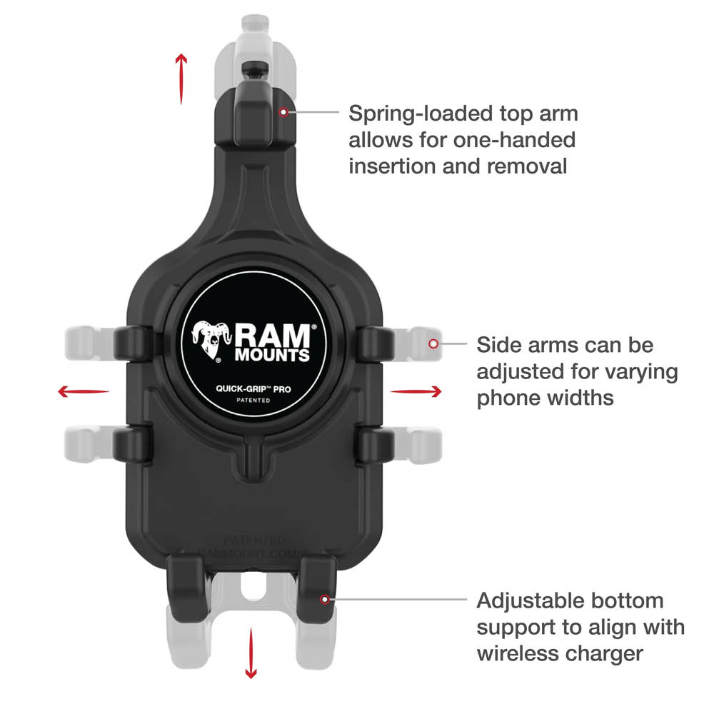 RAM Mounts Quick-Grip™ Pro Universal Lenker-/Rohr-Halterung - B-Kugel (1 Zoll), Schraub-Klemme (12,7-31,8 mm), mittlerer Verbindungsarm, MagSafe kompatibel