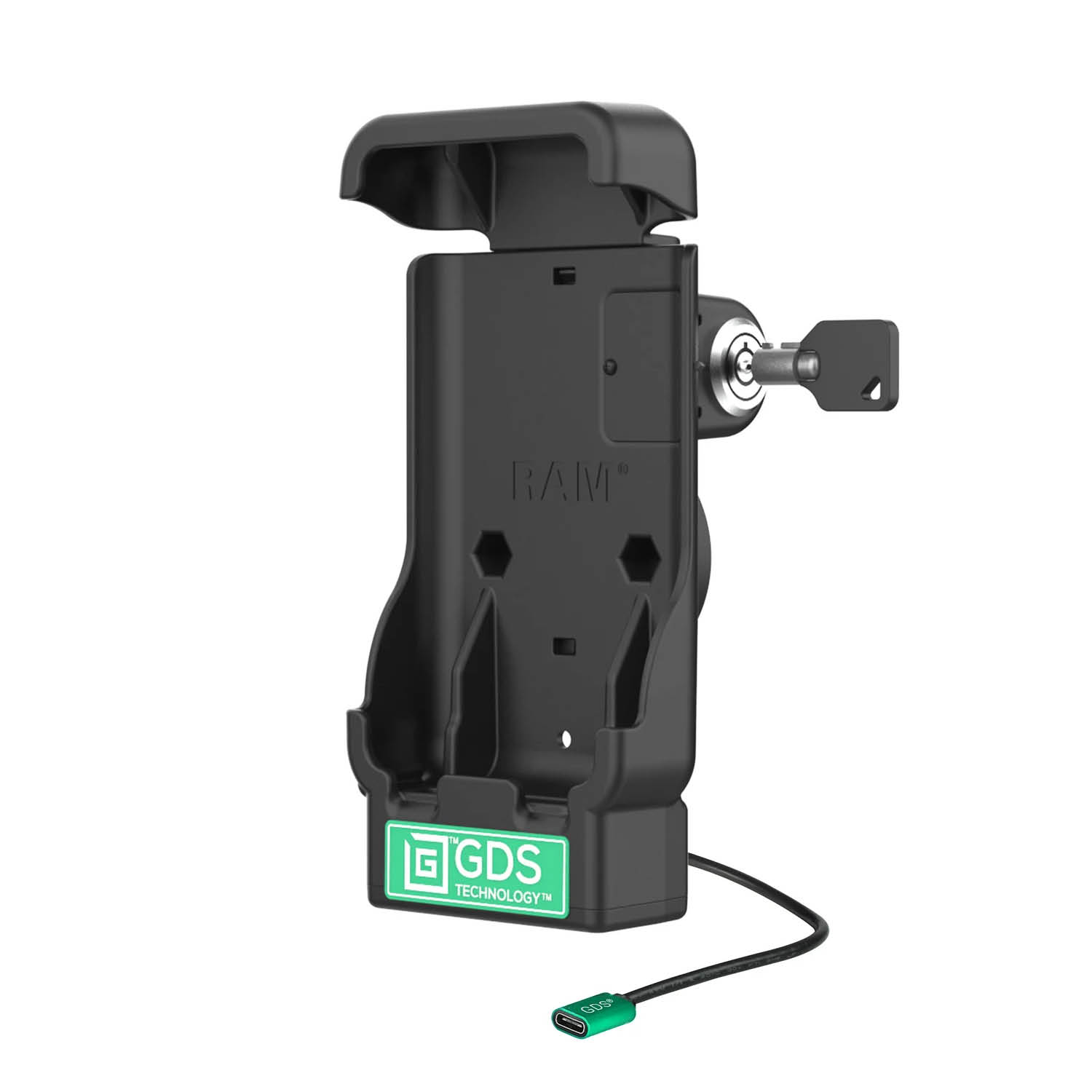 RAM Mounts GDS Universal Fahrzeug-Ladehalteschale (Schlüsselverriegelung) für Handhelds in IntelliSkin Schutzhülle (ohne externen USB-C-Anschluss) - USB-C-Anschluss - 2-Loch AMPS - GDS Technologie