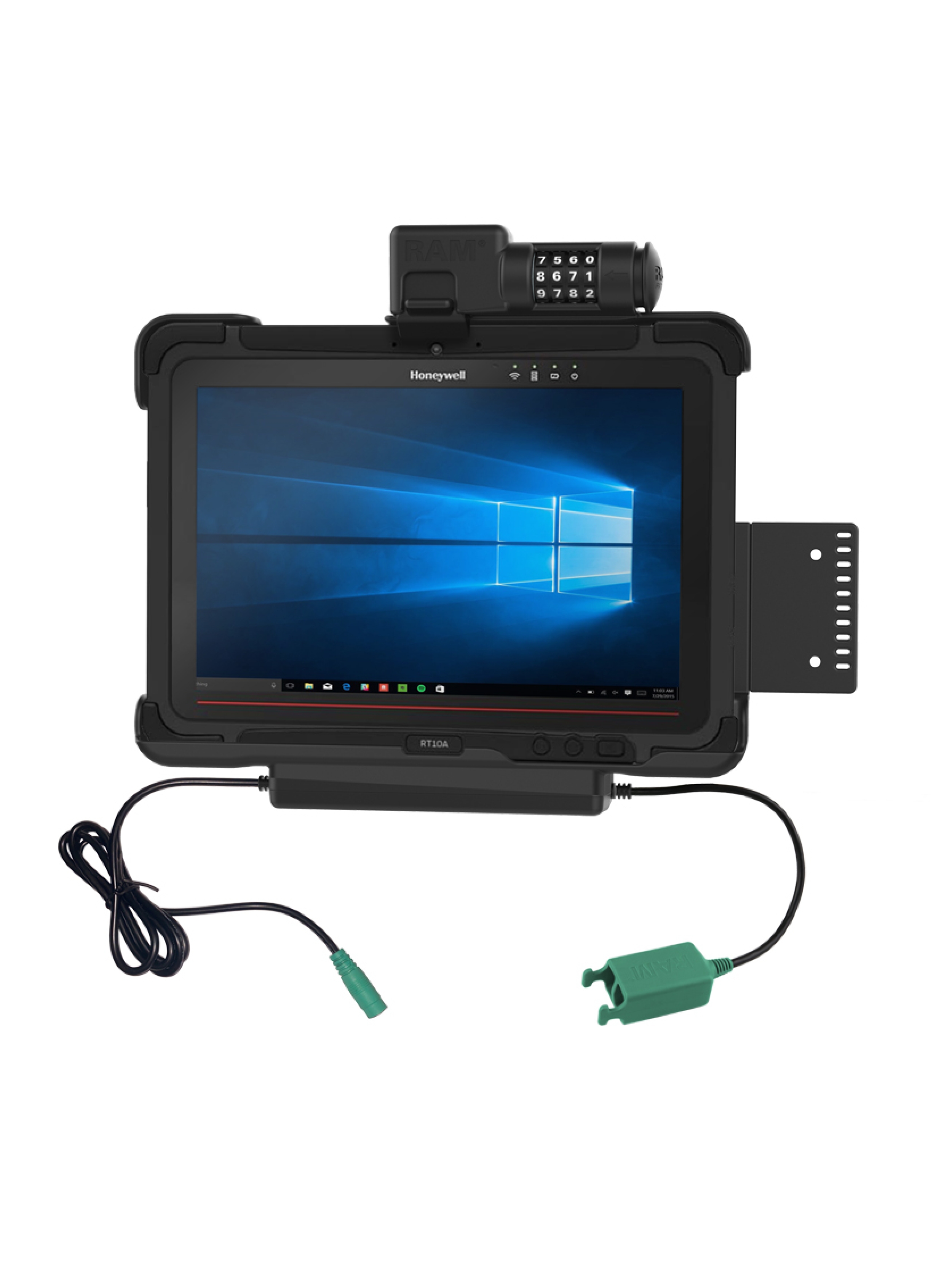 RAM Mounts Ladestation für Honeywell RT10 Tablets - abschließbar (Zahlenschloss), 5,5 mm Klinke Eingang, Dual USB-A Ausgang, VESA-75x75-Aufnahme