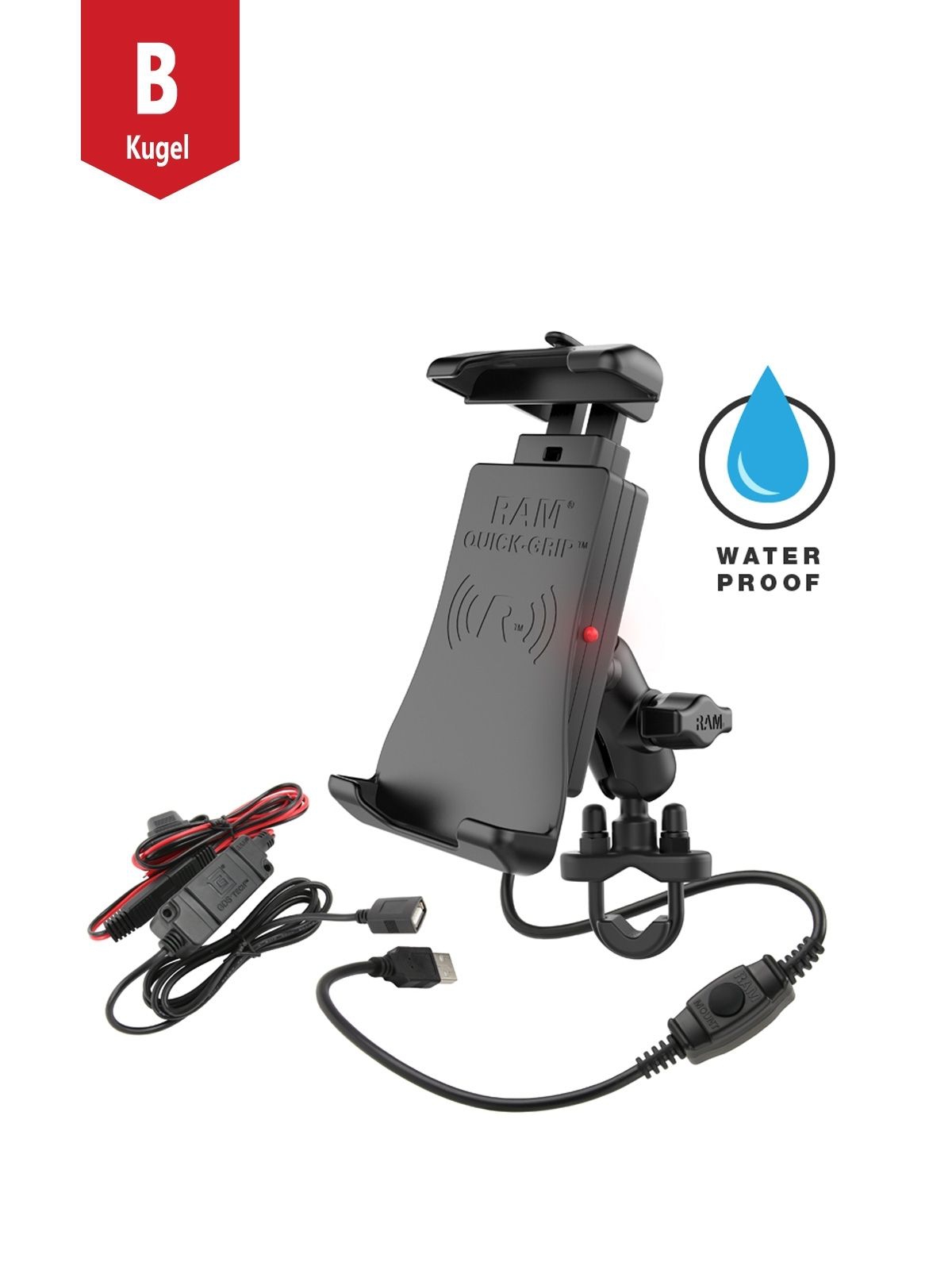 RAM Mounts Motorrad-Halterung (Rohre/Stangen) mit Quick-Grip Halteschale für Smartphones mit Ladefunktion - B-Kugel (1 Zoll), QI kompatibel, spritzwassergeschützt, inkl. Verkabelung