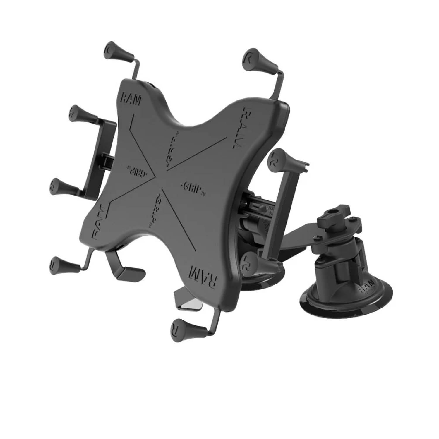 RAM Mounts X-Grip Doppel-Saugfuß-Halterung (Gewölbte Oberflächen) für 9-11 Zoll Tablets - Runde Basiskugel - Mittlerer Verbindungsarm - Saugfuß mit Trapez Basiskugel - B-Kugel (1 Zoll) - Schrauben-Set