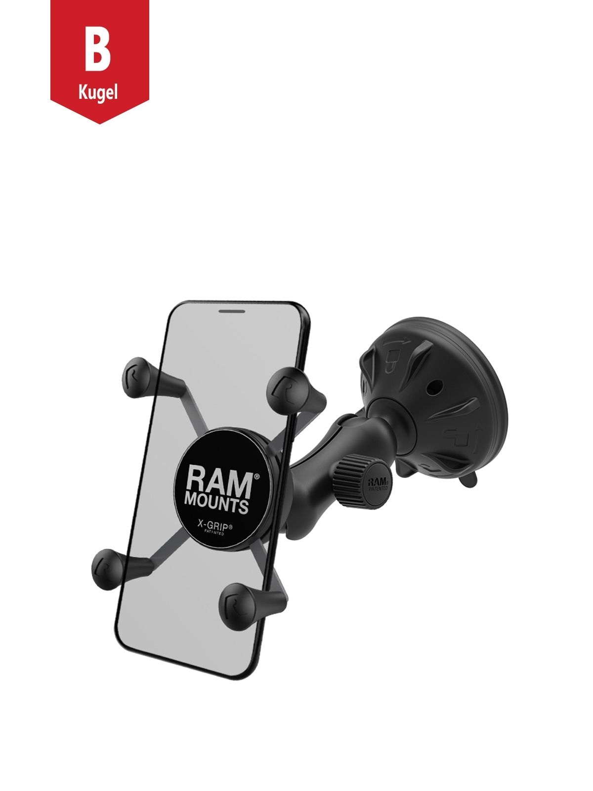 RAM Mounts Verbundstoff Saugfuss-Halterung mit X-Grip Halteklammer für Smartphones bis 82,6 mm Breite - B-Kugel (1 Zoll), kurzer Verbindungsarm (ca. 50 mm)