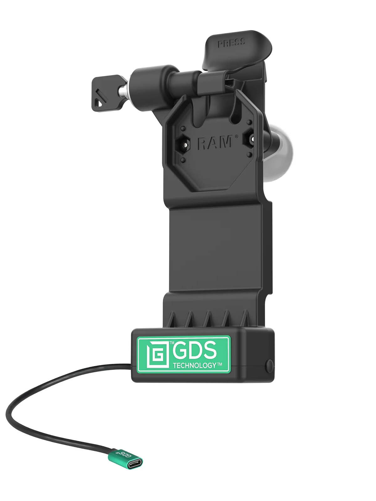 RAM Mounts GDS Uni-Conn Ladestation - abschließbar (Schloss links), USB-C Eingang, 2-Loch AMPS-Aufnahme