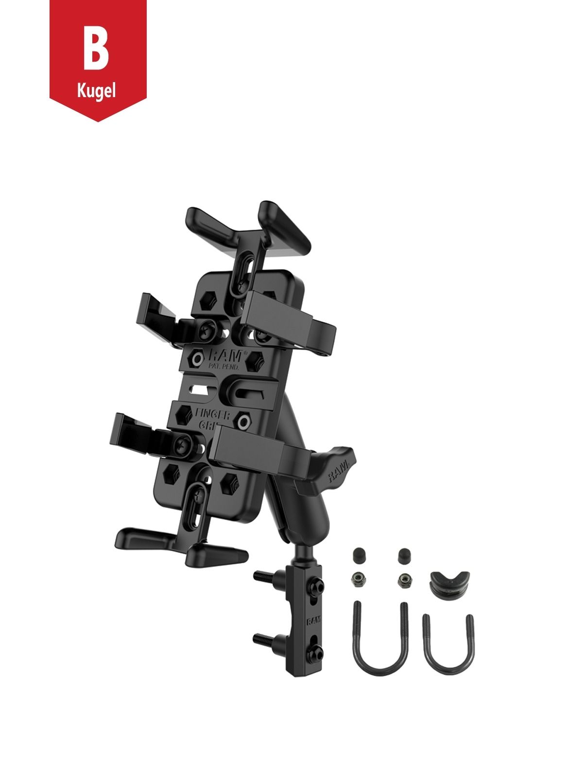 RAM Mounts Universal Motorrad-Halterung - B-Kugel (1 Zoll), Basisbefestigung (Lenker/Bremse/Kupplung), mittlerer Verbindungsarm, Universal-Halteschale