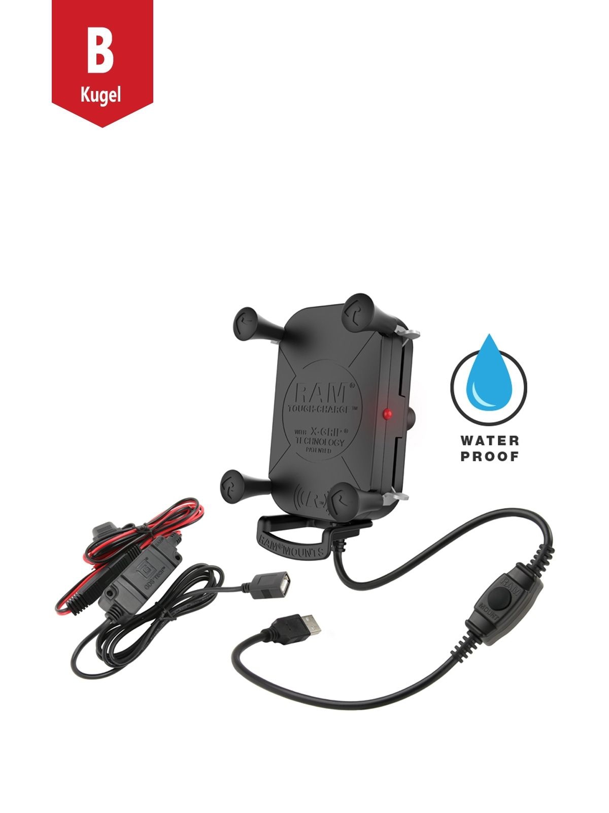 RAM Mounts Tough-Charge X-Grip Halteklammer für Smartphones mit Ladefunktion - B-Kugel (1 Zoll), QI kompatibel, spritzwassergeschützt, Diamond-Basisplatte (Trapez), Verkabelung