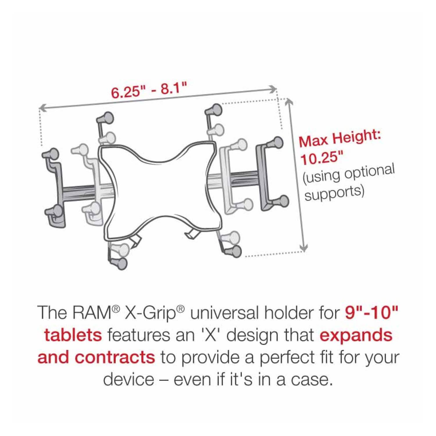 RAM Mounts X-Grip Schwanenhals-Halterung für 9-11 Zoll Tablets - Runde Basiskugel - 18 Zoll Aluminium Schwanenhals - Pod-Basis (Fahrzeugsitz - Ohne Bohren) - B-Kugel (1 Zoll) - Schrauben-Set