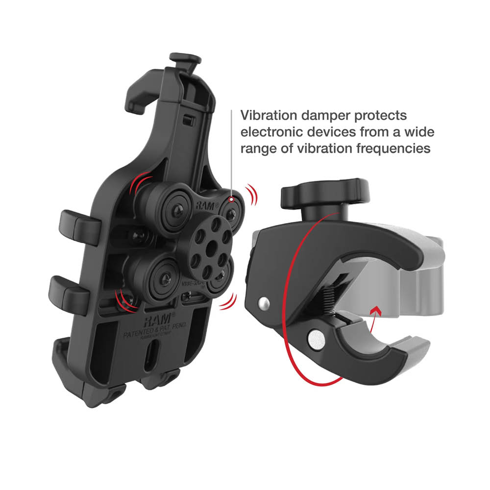RAM Mounts Tough-Claw (klein) mit Quick-Grip Pro Universal-Halteklammer für Smartphones - mit Vibrationsdämpfung, für Durchmesser 15,9-29,0 mm, MagSafe kompatibel