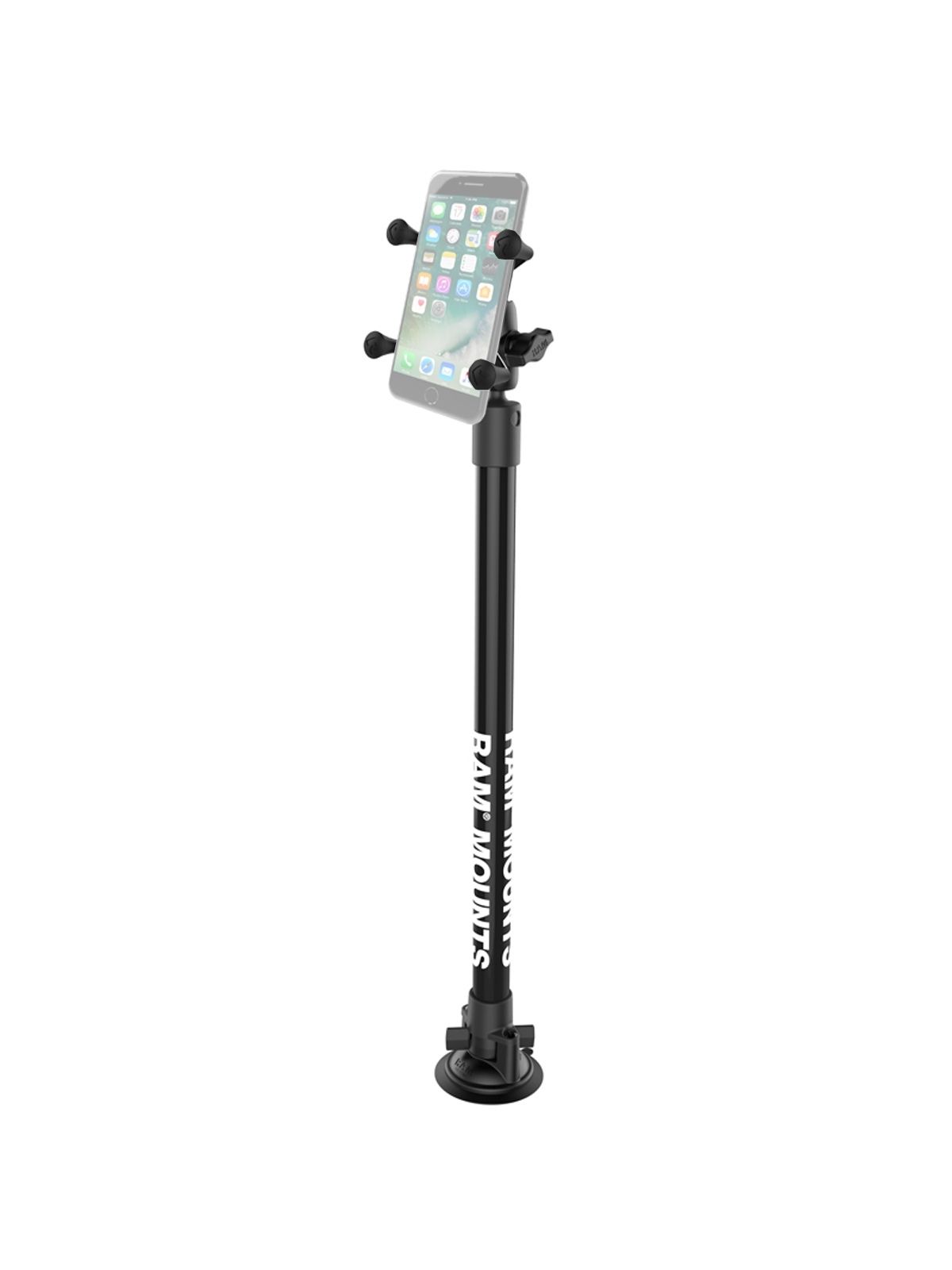 RAM Mounts Stand-Saugfuss mit Universal X-Grip Klammer für Smartphones - Saugfuss, Kunststoffrohr (ca. 450 mm), kurzer Verbindungsarm, X-Grip Halteklammer, B-Kugel (1 Zoll)