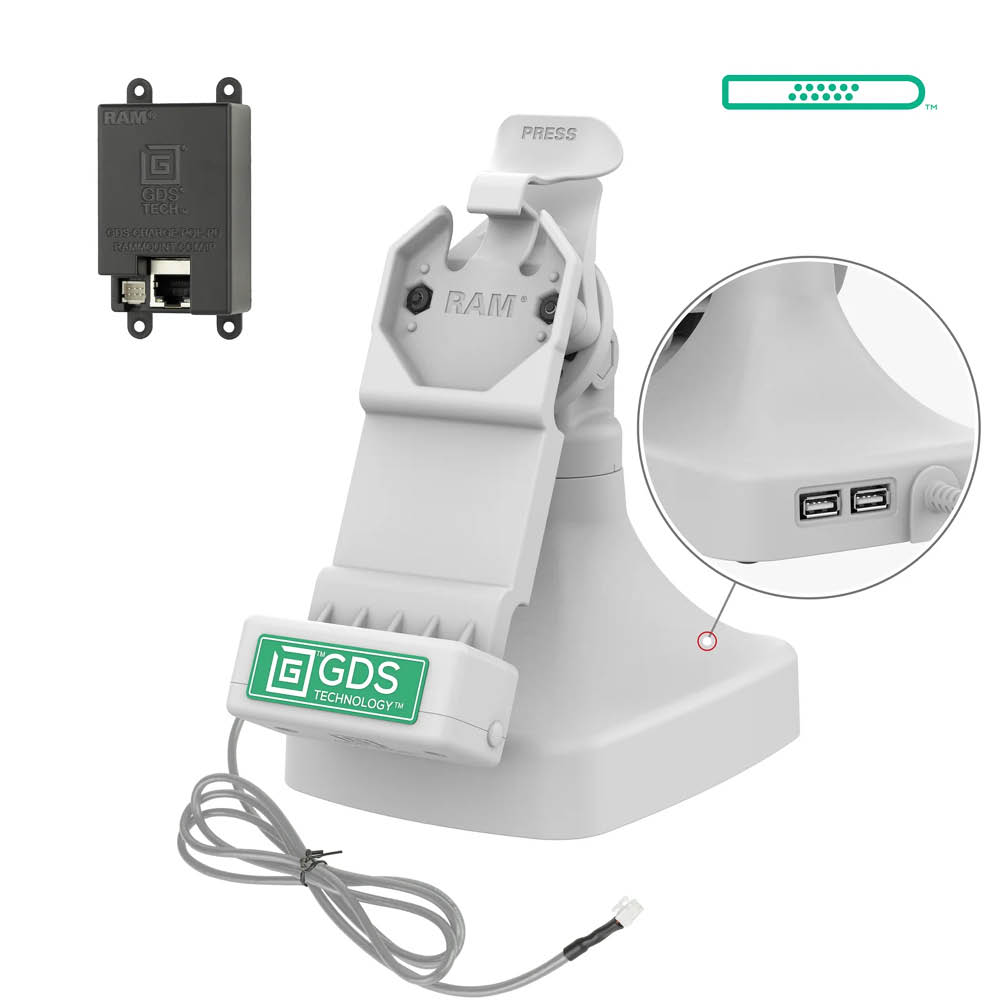 RAM Mounts GDS Uni-Conn Stand-Dockingstation - Dreh- & Schwenkbar - RJ45-Anschluss & Dual USB-A - PoE (Power over Ethernet) - Hellgrau