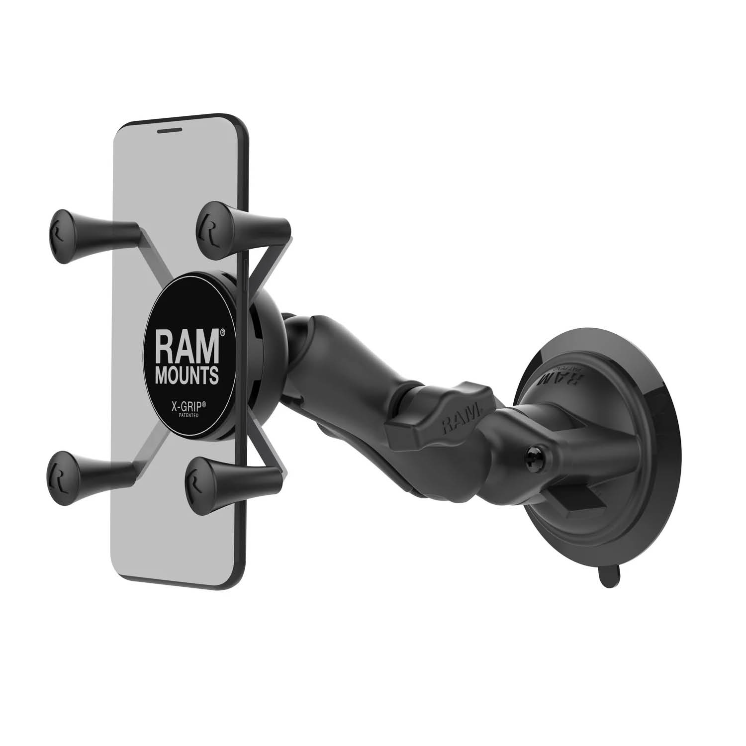 RAM Mounts X-Grip Saugfuß-Halterung für Smartphones - Bis 82,55 mm Breite - Mittlerer Verbindungsarm - Saugfuß mit Trapez-Basiskugel - B-Kugel (1 Zoll) - Schrauben-Set