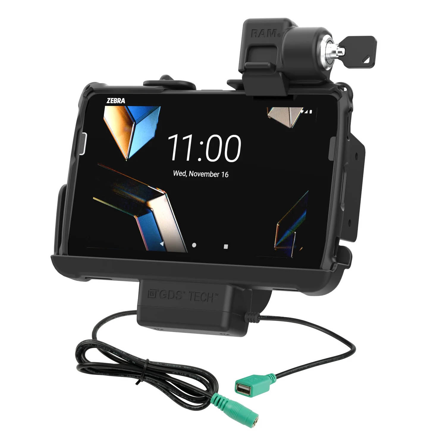 RAM Mounts Form-Fit Holder (Key-Locking) for Zebra ET401, ET40 & ET45 (8“) Tablets - with Rugged Boot/RAM Skin (ET401) - 5.5mm DC Power Supply & USB-A Connector