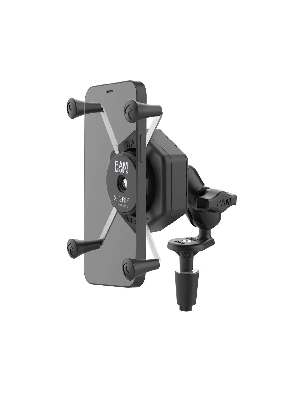 RAM Mounts X-Grip Motorrad-Halterung für Smartphones bis 114,3 mm Breite mit Vibe-Safe Adapter - B-Kugel (1 Zoll), Lenkerkopf-Basis, kurzer Verbindungsarm