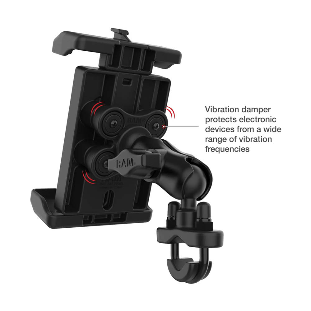 RAM Mounts Quick-Grip™ Pro XL Universal Lenker-/Rohr-Halterung mit Vibrationsdämpfung - B-Kugel (1 Zoll), Schraub-Klemme (12,7-31,8 mm), kurzer Verbindungsarm, MagSafe kompatibel