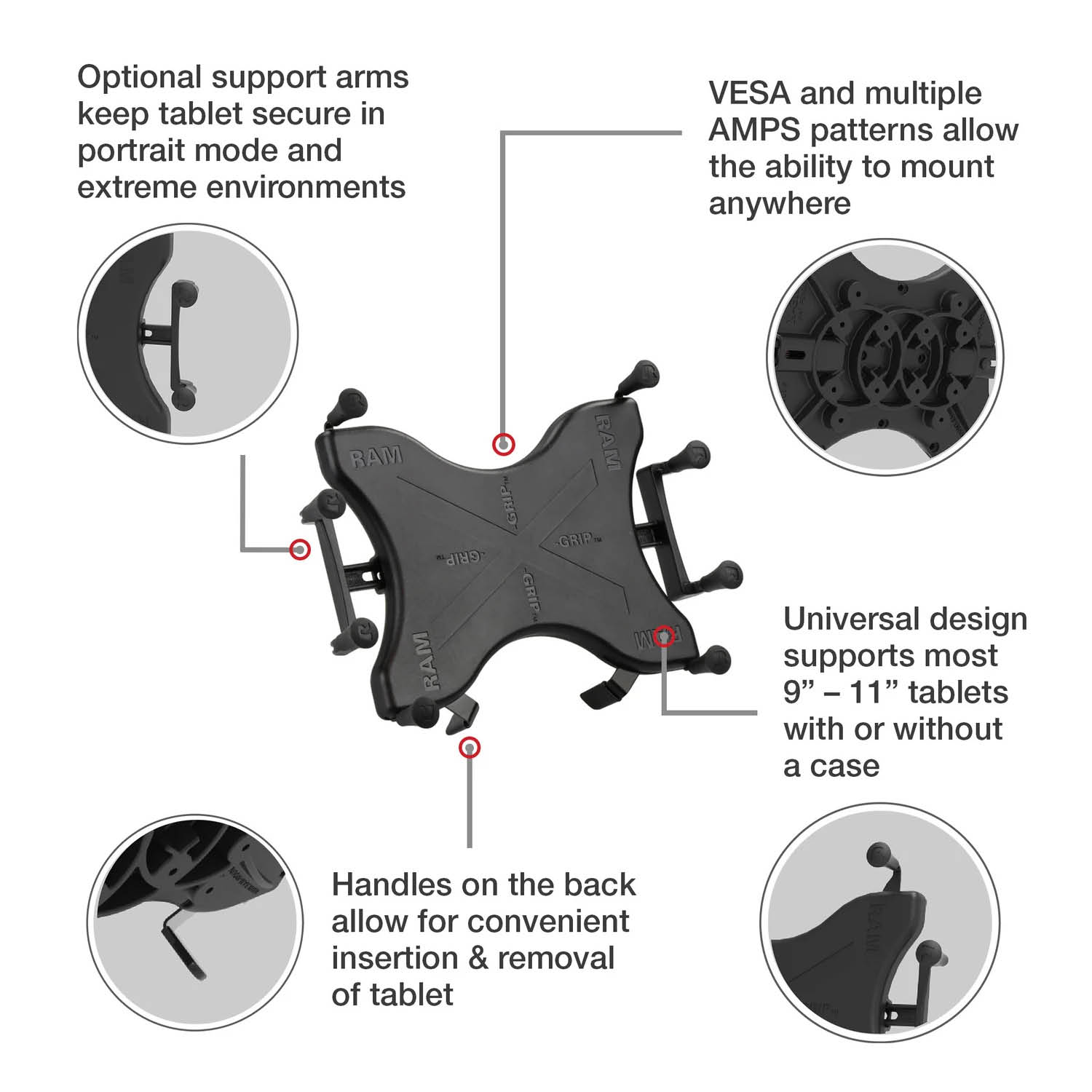 RAM Mounts X-Grip Aufbauhalterung für 9-11 Zoll Tablets - Runde Basisplatte - Langer Verbindungsarm - Runde Basisplatte (AMPS) - B-Kugel (1 Zoll) - Schrauben-Set