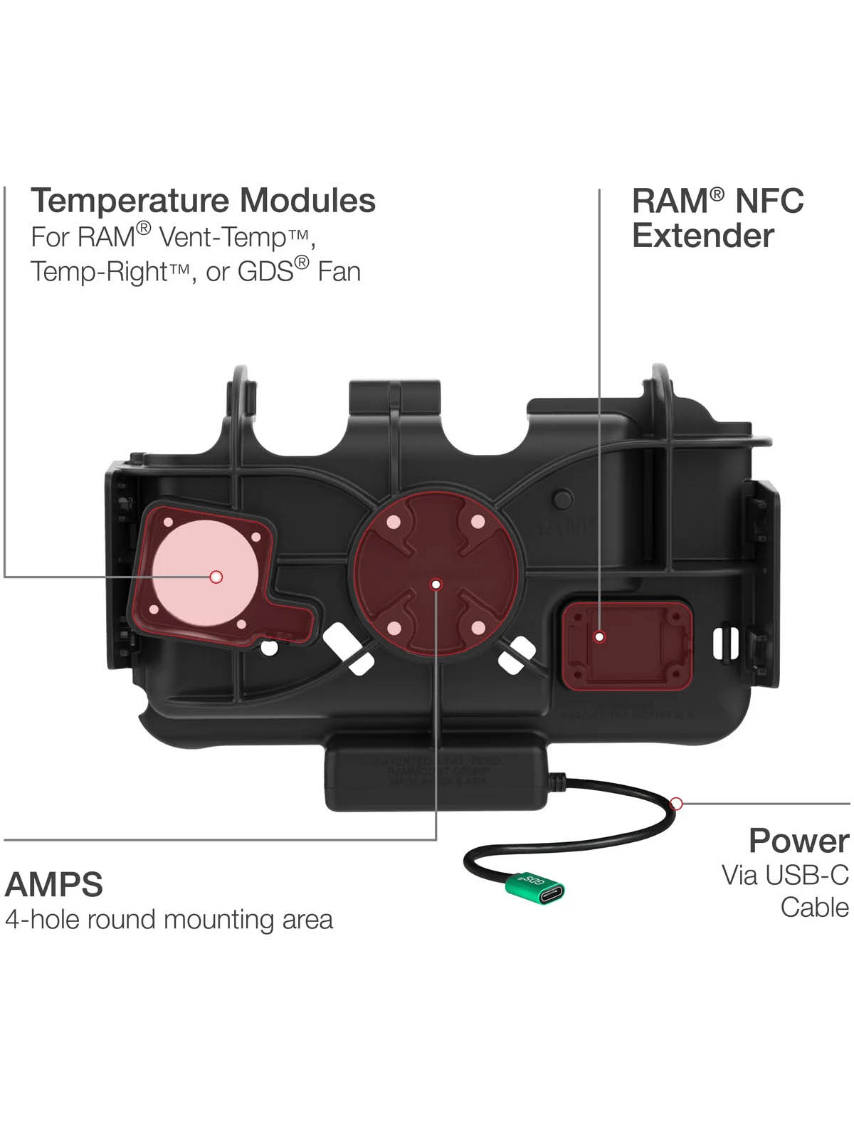 RAM Mounts EZ-Roll'r Modular-Halteschale für Samsung Tab Active5 & 3 - Fahrzeug-Ladegerät, USB-C Eingang, AMPS-Aufnahme