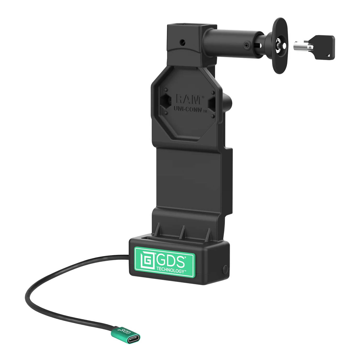 RAM Mounts GDS Uni-Conn Ladedock (Schlüsselverriegelung) mit Entriegelungsknopf - 2-Loch AMPS - USB-C-Anschluss - Schrauben-Set