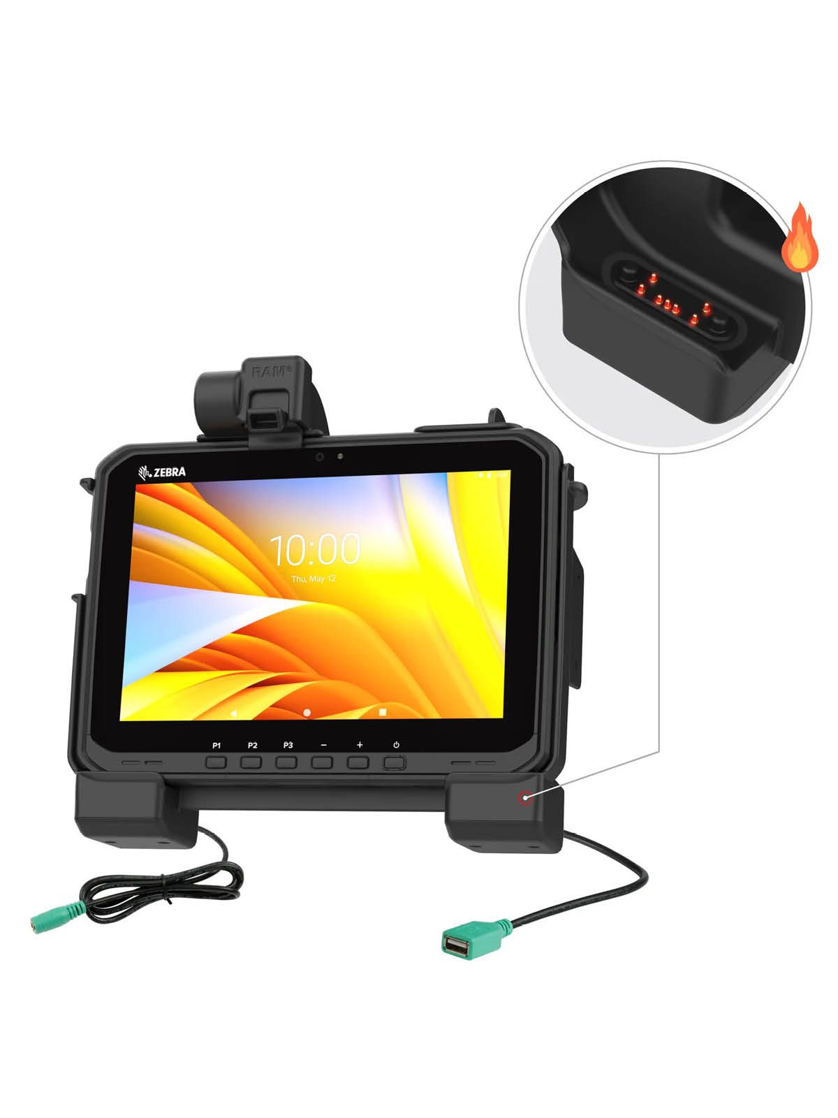 RAM Mounts Form-Fit Halteschale (Schnappverschluss) für Zebra ET60 & ET65 Tablets - mit & ohne Tastatur - Beheizte Pogo-Pins - 5.5mm DC & USB-A-Anschluss